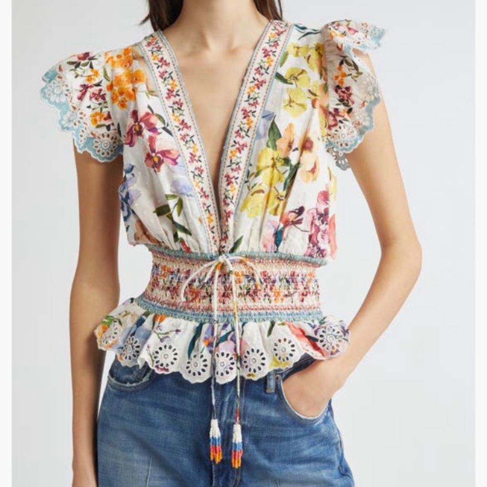 FARM Rio Greek Garden Swiss Dot Smocked Blouse NWT Size XL (Runs Small)